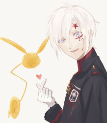 Rule 34 | 13isaco, 1boy, :d, allen walker, bad id, bad pixiv id, black coat, coat, d.gray-man, facial mark, gloves, hair between eyes, heart, index finger raised, long sleeves, looking at viewer, male focus, open mouth, purple eyes, silver hair, simple background, smile, solo, star (symbol), timcanpy, white background, white gloves