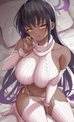 Rule 34 | 1girl, alternate costume, bare shoulders, black hair, blue archive, blush, breasts, commentary request, detached sleeves, fellatio gesture, from above, halo, hand up, highres, karin (blue archive), large breasts, long hair, long sleeves, looking at viewer, meme attire, panties, parted lips, purple halo, solo, sweater, thighs, turtleneck, turtleneck sweater, underwear, virgin destroyer sweater, white panties, yasojima nejiro, yellow eyes