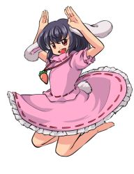 Rule 34 | 1girl, animal ears, bad id, bad pixiv id, black hair, carrot, carrot necklace, dress, female focus, highres, inaba tewi, jewelry, makoto na, mana (gooney), necklace, open mouth, rabbit ears, rabbit girl, rabbit tail, red eyes, short hair, short sleeves, smile, solo, tail, touhou