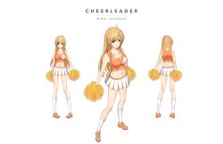 Rule 34 | 1girl, :o, bare shoulders, blonde hair, breasts, brown eyes, cheerleader, cleavage, crop top, crop top overhang, culture japan, long hair, midriff, multiple views, navel, pleated skirt, pom pom (cheerleading), shirt, shoes, simple background, skirt, sleeveless, suenaga mirai, taut clothes, taut shirt, turnaround, white background