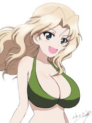 Rule 34 | 10s, 1girl, :d, artist name, bikini, blonde hair, blue eyes, breasts, bukkuri, cleavage, commentary, dated, girls und panzer, green bikini, hair intakes, kay (girls und panzer), large breasts, long hair, looking at viewer, official alternate costume, open mouth, signature, simple background, smile, solo, standing, swimsuit, upper body, white background, wind