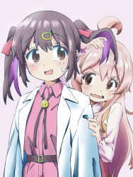 Rule 34 | 2girls, :d, ahoge, belt, bolo tie, brown eyes, coat, commentary, hair between eyes, hair lift, hair ornament, hair ribbon, hairclip, hiding, hiding behind another, highres, lab coat, long hair, multicolored hair, multiple girls, nervous, onii-chan wa oshimai!, open clothes, open coat, open mouth, oyama mahiro, oyama mihari, pink background, pink hair, purple hair, red ribbon, red shirt, ribbon, sakura planet, shirt, siblings, simple background, sisters, smile, sweatdrop, twintails, two-tone hair, wing collar
