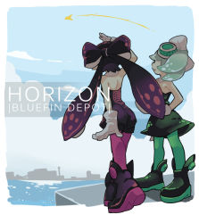 Rule 34 | ankle boots, arm up, bare back, black dress, black footwear, black hair, boots, callie (splatoon), cityscape, cousins, detached collar, dress, english text, food, food on head, from behind, full body, gomipomi, green legwear, grey hair, hand on own hip, inkling, long hair, marie (splatoon), nintendo, object on head, out of frame, outside border, pantyhose, pier, pointy ears, purple legwear, short dress, short hair, short jumpsuit, splatoon (series), splatoon 1, standing, strapless, strapless dress, tentacle hair