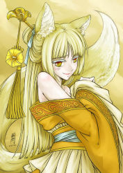 Rule 34 | 1girl, animal ears, antaria, bare shoulders, blonde hair, blush, fox ears, fox tail, hair ornament, hair stick, journey to the west, long hair, signature, solo, standing, tail, yellow eyes, traditional youkai, yu mian gongzhu