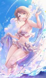 Rule 34 | 1girl, :d, arm up, bare shoulders, bikini, blue eyes, blue sky, brown hair, cloud, cloudy sky, commentary, day, english commentary, frilled bikini, frills, looking at viewer, love live!, love live! sunshine!!, navel, open mouth, outdoors, ozzingo, shoes, sky, smile, solo, standing, standing on one leg, swept bangs, swimsuit, watanabe you, water, water drop, white bikini, white footwear