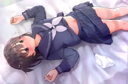 Rule 34 | 1girl, absurdres, bed sheet, blue sailor collar, blue serafuku, blue shirt, blue skirt, blush, bow, bow panties, brown eyes, brown hair, closed mouth, clothes lift, commentary request, feet out of frame, flying sweatdrops, hands up, highres, long sleeves, looking at viewer, lying, navel, neckerchief, on back, on bed, original, panties, puffy long sleeves, puffy sleeves, sailor collar, school uniform, serafuku, shirt, shirt lift, skirt, skirt lift, solo, sweat, umekko, underwear, unworn panties, white neckerchief, white panties