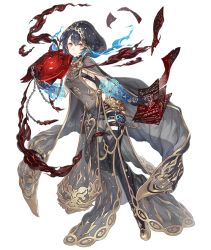 Rule 34 | 1girl, alice (sinoalice), blue hair, book, breasts, chain, cloak, dark blue hair, expressionless, full body, gold trim, hood, hood up, hooded cloak, ji no, looking at viewer, medium breasts, official art, pages, red eyes, revealing clothes, see-through, short hair, sinoalice, smoke, solo, tattoo, thighhighs, transparent background