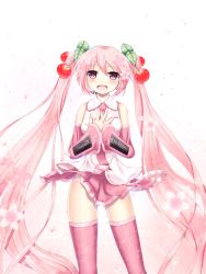 Rule 34 | 1girl, cherry, detached sleeves, food, fruit, hands on own chest, hatsune miku, headset, highres, long hair, nanatsuba, necktie, open mouth, petals, pink eyes, pink hair, sakura miku, skirt, solo, thighhighs, twintails, very long hair, vocaloid, white background