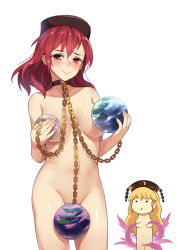 Rule 34 | 2girls, = =, blonde hair, blush, bobomaster, breasts, chain, chibi, chibi inset, collar, completely nude, convenient censoring, covering breasts, covering privates, earth (ornament), embarrassed, groin, hat, hecatia lapislazuli, highres, junko (touhou), large breasts, long hair, looking at viewer, moon (ornament), multiple girls, navel, nude, red eyes, red hair, short hair, simple background, smile, standing, touhou, wavy mouth, white background