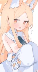Rule 34 | 1girl, animal ear fluff, animal ears, black necktie, blonde hair, blue archive, breasts, commentary request, detached sleeves, extra ears, halo, highres, long hair, looking at viewer, medium breasts, mikozin, necktie, nipples, open mouth, orange eyes, orange halo, seia (blue archive), simple background, sleeves past fingers, sleeves past wrists, solo, sweatdrop, white background, white sleeves