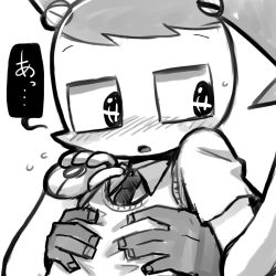 Rule 34 | 1girl, 1other, artist request, blush, dark skin, grabbing, grabbing another&#039;s breast, jenny wakeman, looking back, male hands, monochrome, my life as a teenage robot, robot
