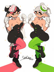 Rule 34 | + +, 2girls, :/, bare shoulders, black dress, black footwear, black hair, boots, breasts, callie (splatoon), cleavage, closed mouth, collarbone, commentary, dated, detached collar, dress, earrings, english commentary, full body, gloves, green footwear, green legwear, grey hair, hair ornament, hat, high heel boots, high heels, highres, inkling, jewelry, long hair, looking at viewer, marie (splatoon), medium breasts, mini hat, mole, mole under eye, multicolored footwear, multiple girls, nintendo, pantyhose, pinafore dress, pink footwear, pink legwear, pointy ears, short dress, short eyebrows, short hair, simple background, skindentation, sleeveless, sleeveless dress, sparkle, splatoon (series), splatoon 1, standing, strapless, strapless dress, swept bangs, symbol-shaped pupils, tentacle hair, thick eyebrows, very long hair, w arms, white background, white gloves, yellow eyes, yuta agc
