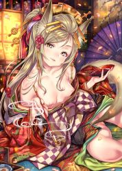 Rule 34 | 1girl, ass, breasts, breasts out, brown hair, cup, floral print, fox tail, hair ornament, highres, holding, holding smoking pipe, japanese clothes, kimono, kink (tortoiseshell), kiseru, long hair, looking at viewer, nail polish, nipples, off shoulder, oiran, original, parted lips, petals, red nails, sakazuki, small breasts, smile, smoking pipe, solo, tail, yellow eyes, yuujo