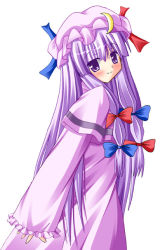 Rule 34 | 1girl, bow, crescent, dress, female focus, hat, mob cap, patchouli knowledge, purple eyes, purple hair, ribbon, simple background, solo, touhou, two side up