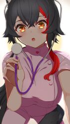 Rule 34 | 1girl, animal ears, black hair, blush, dress, hair ornament, hairpin, highres, holding, holding stethoscope, hololive, long hair, multicolored hair, nurse, ookami mio, open mouth, orange eyes, pink dress, red hair, sleeveless, sleeveless dress, solo, stethoscope, streaked hair, tail, tail around own leg, tail wrap, virtual youtuber, white background, wolf ears, wolf girl, wolf tail, x hair ornament, yamada ao