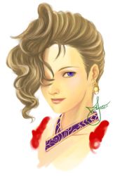 Rule 34 | 1girl, blue eyes, brown hair, dj midori, earrings, gensou suikoden, gensou suikoden v, hair over one eye, jewelry, lips, looking at viewer, portrait, sialeeds falenas, simple background, smile, solo, upper body, white background