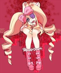 Rule 34 | 10s, 1girl, bad id, bad pixiv id, big hair, blonde hair, blood, blue eyes, boots, bow, disembodied head, dress, drill hair, earrings, eyepatch, hair bow, harime nui, jewelry, kill la kill, long hair, looking at viewer, pink bow, pink footwear, severed head, smile, solo, strapless, strapless dress, twin drills, twintails, ygsquash