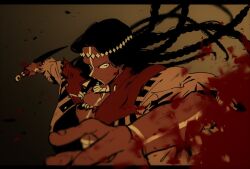 Rule 34 | 1boy, black hair, blood, blue eyes, bodypaint, braid, dark-skinned male, dark skin, facepaint, fate/grand order, fate (series), geronimo (fate), gradient background, holding, holding knife, jewelry, knife, long hair, looking at viewer, male focus, multiple braids, native american, necklace, shinkai kiiro, solo, upper body, very long hair