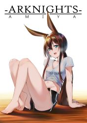 Rule 34 | 1girl, :d, amiya (arknights), animal ear fluff, animal ears, arknights, arm support, barefoot, bishi (bishi), black shorts, blue eyes, blush, breath, brown hair, character name, clothes lift, clothes writing, copyright name, feet, female focus, hair between eyes, heavy breathing, highres, legs, long hair, looking at viewer, low ponytail, navel, no panties, on floor, open mouth, rabbit ears, shirt, shirt lift, short shorts, shorts, sitting, smile, solo, sweat, t-shirt, thighs, toes, upshorts, very long hair, wet, wet clothes, white shirt, wooden floor