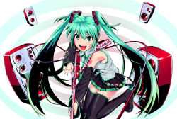 Rule 34 | &gt;:), &gt;:d, :d, detached sleeves, green eyes, green hair, guitar, hatsune miku, instrument, jibon, jumping, long hair, open mouth, smile, solo, speaker, twintails, v-shaped eyebrows, very long hair, vocaloid