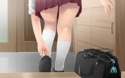 Rule 34 | 1girl, bag, cameo, character doll, crossdressing, door, from behind, from below, hatsune miku, head out of frame, highres, charm (object), kneehighs, kneepits, legs, lower body, md5 mismatch, original, pleated skirt, red skirt, school bag, school uniform, shelf, shoes, skirt, socks, solo, stairs, undressing, vocaloid, yuki18r