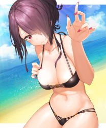 Rule 34 | 1girl, bad id, bad pixiv id, beach, bikini, black bikini, blue sky, blush, breasts, cleavage, closed mouth, cloud, cloudy sky, collarbone, cowboy shot, day, demon girl, dutch angle, fang, fang out, fingernails, hair over one eye, hand on own chest, hand up, highres, horizon, large breasts, light smile, looking at viewer, mia (miaflocon), navel, ocean, original, outdoors, pointy ears, purple hair, red eyes, sharp fingernails, sky, solo, swimsuit, thighs, wavy mouth