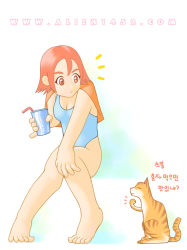 Rule 34 | ^^^, 1girl, alien1452, bad anatomy, bad feet, bad hands, barefoot, cat, drinking straw, feet, one-piece swimsuit, pinky out, pocari sweat, poorly drawn, red eyes, red hair, short hair, sitting, solo, swimsuit, towel