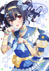 Rule 34 | 1girl, absurdres, bead bracelet, beads, black hair, blue bow, blue neckerchief, blue sailor collar, blush, bow, bracelet, clenched hands, commentary request, facial mark, fang, fanny pack, gawawawa, hair bow, hair ornament, hairband, hairclip, hands up, heart, highres, idolmaster, idolmaster shiny colors, jewelry, long sleeves, looking at viewer, morino rinze, multicolored hair, neckerchief, necklace, open mouth, paw pose, pink hair, plaid, plaid skirt, pleated skirt, polka dot, polka dot bow, red eyes, sailor collar, shirt, skin fang, skirt, solo, star sticker, streaked hair, triangle hair ornament, two side up, upper body, whisker markings, white bow, white shirt, x hair ornament, yellow bag, yellow hairband