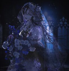 1girl absurdres adela_(path_to_nowhere) backlighting black_hair black_lips blue_eyes blue_flower church dark dress film_grain flower hair_flower hair_ornament highres indoors long_hair night path_to_nowhere puffy_short_sleeves puffy_sleeves rose see-through_clothes see-through_veil short_sleeves sijiu_49 solo upper_body veil wedding_dress white_dress white_flower white_rose window