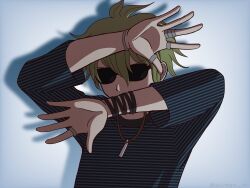 Rule 34 | 1boy, amami rantaro, antenna hair, bracelet, covered mouth, danganronpa (series), danganronpa v3: killing harmony, facing viewer, green hair, hands up, highres, jewelry, long sleeves, male focus, necklace, ring, shadow, shirt, short hair, solo, striped clothes, striped shirt, suiren yurei, sunglasses, upper body