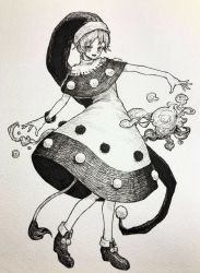 Rule 34 | 1girl, capelet, doremy sweet, dress, full body, greyscale, hat, highres, looking at viewer, mashimashi, monochrome, nightcap, open mouth, pom pom (clothes), shoes, short hair, standing, tail, tapir tail, touhou, traditional media