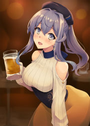 Rule 34 | 1girl, alcohol, bare shoulders, beer, beer mug, black hat, blue eyes, blue hair, blush, breasts, cup, gotland (kancolle), hair between eyes, hat, highres, holding, holding cup, kantai collection, kodama (mmt uf), large breasts, long hair, long skirt, long sleeves, looking at viewer, mole, mole under eye, mug, official alternate costume, open mouth, shirt, skirt, smile, solo, white shirt, yellow skirt