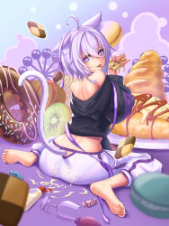 Rule 34 | 1girl, ahoge, animal ears, ass, back, bare shoulders, barefoot, black hoodie, blue background, bob-the-bison, candy, cat ears, cat girl, cat tail, chocolate cornet, clothing cutout, commentary, cookie, cup, doughnut, drinking glass, eyes visible through hair, ferris wheel, food, from behind, fruit, gradient background, hair between eyes, highres, holding, holding food, hololive, hood, hoodie, kiwi (fruit), light purple hair, long sleeves, looking at viewer, looking back, macaron, mayonnaise, nekomata okayu, nekomata okayu (1st costume), off shoulder, omelet, omurice, pants, pizza, purple background, purple eyes, purple ribbon, ribbon, sexually suggestive, short hair, sitting, smile, soles, solo, spill, tail, tail through clothes, tight clothes, tight pants, tongue, tongue out, two-tone background, virtual youtuber, wariza, white pants, wine glass