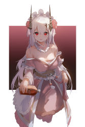 Rule 34 | 1girl, absurdres, arknights, bare shoulders, bottle, breasts, collar, commentary request, detached collar, dress, flower, frilled collar, frills, hair between eyes, hair flower, hair ornament, headdress, highres, holding, holding bottle, horns, long hair, long sleeves, looking at viewer, manatsu no yo no inmu, medium breasts, mudrock (arknights), off-shoulder dress, off shoulder, parted lips, pink dress, pink flower, pink rose, red eyes, rose, silver hair, solo, very long hair, zombie ke
