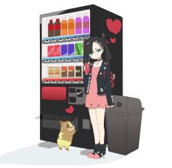 Rule 34 | 1girl, absurdres, ankle boots, asymmetrical bangs, backpack, bag, black choker, black footwear, black hair, black jacket, black nails, boots, can, choker, closed mouth, collarbone, commentary request, creatures (company), dress, earrings, eyelashes, game freak, gen 8 pokemon, green eyes, hair ribbon, hand up, heart, highres, holding, holding can, jacket, jewelry, long sleeves, marnie (pokemon), morpeko, morpeko (full), nail polish, nintendo, open clothes, open jacket, pink dress, pokemon, pokemon (creature), pokemon swsh, red bag, red ribbon, ribbon, sleeves past wrists, standing, trash can, tsume-ken, vending machine