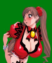 Rule 34 | 1girl, bent over, blush, breasts, brown eyes, brown hair, cleavage, eyeshadow, green background, hanging breasts, huge breasts, koutarou, long hair, makeup, matching hair/eyes, parted lips, ponytail, ribbon, simple background, solo, twintails, very long hair