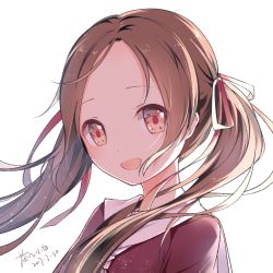 Rule 34 | 1girl, :d, artist name, bad id, bad pixiv id, brown eyes, brown hair, chaji xiao bai, child, commentary request, dated, hair ribbon, long hair, looking at viewer, no bangs, open mouth, original, portrait, red ribbon, red shirt, ribbon, shirt, signature, simple background, smile, solo, tareme, twintails, white background, wind