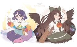 Rule 34 | 2girls, :d, arm cannon, bag, bird wings, black wings, blouse, bow, brown hair, cape, collared shirt, control rod, cropped legs, english text, green bow, green skirt, hair bow, hairband, highres, index finger raised, long sleeves, multicolored clothes, multicolored hairband, multiple girls, one eye closed, open mouth, red eyes, reiuji utsuho, sakurasaka, shirt, short sleeves, simple background, skirt, sky print, smile, starry sky print, tenkyuu chimata, third eye, touhou, upper body, v-shaped eyebrows, weapon, white background, white cape, white shirt, wings