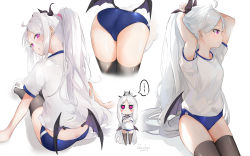 Rule 34 | ..., 1girl, adjusting hair, artist name, ass, bat wings, black thighhighs, blue archive, blue buruma, buruma, butt crack, chibi, commentary request, dema hmw, gym uniform, highres, hina (blue archive), holding, holding own hair, long hair, looking at viewer, looking back, looking to the side, low wings, multiple views, pink eyes, ponytail, sitting, solo, spoken ellipsis, thighhighs, very long hair, white hair, wings