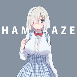 Rule 34 | 1girl, alternate costume, blue dress, blue eyes, bow, bowtie, character name, cowboy shot, dress, emia wang, eyebrows hidden by hair, grey background, hair ornament, hair over one eye, hairclip, hamakaze (kancolle), kantai collection, kobeya uniform, long sleeves, looking at viewer, one-hour drawing challenge, plaid, plaid dress, red bow, red bowtie, shirt, short hair, silver hair, simple background, skirt, solo, suspender skirt, suspenders, white shirt
