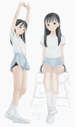 Rule 34 | 1girl, arms up, bike shorts, bike shorts under shorts, black hair, black shorts, blue shorts, brown eyes, hair ornament, hairclip, highres, kokudou juunigou, legs, long hair, looking at viewer, multiple views, open mouth, original, own hands together, shirt, shoes, short shorts, short sleeves, shorts, shorts under shorts, simple background, sitting, sketch, smile, socks, solo, stretching, thighs, vaulting horse, white background, white footwear, white shirt, white socks