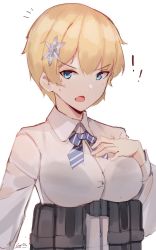 Rule 34 | !, 1girl, absurdres, black bra, blonde hair, blue eyes, blue ribbon, bra, bra visible through clothes, breasts, collared shirt, commentary, gar32, girls&#039; frontline, hair ornament, hand up, highres, large breasts, long sleeves, looking at viewer, neck ribbon, notice lines, open mouth, ribbon, shirt, short hair, signature, simple background, snowflake hair ornament, solo, sweat, underwear, upper body, vest, vsk-94 (girls&#039; frontline), white background, white shirt, wing collar