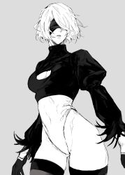 Rule 34 | 1girl, 2b (nier:automata), absurdres, blindfold, breasts, cleavage, cleavage cutout, clothing cutout, commentary, covered navel, curvy, feather trim, gloves, grey background, highleg, highleg leotard, highres, leotard, lips, long sleeves, medium breasts, mole, mole under mouth, nier:automata, nier (series), nishiii26miii, puffy sleeves, short hair, solo, thighhighs, thighs, thong leotard, turtleneck, wide hips