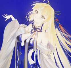 Rule 34 | 1girl, ahoge, artoria caster (fate), artoria caster (swimsuit) (fate), artoria caster (swimsuit) (third ascension) (fate), artoria pendragon (fate), blonde hair, blue background, blue bow, blue one-piece swimsuit, bow, breasts, cleavage, covered navel, facial mark, fate/grand order, fate (series), forehead mark, green eyes, hair bow, long hair, looking at viewer, medium breasts, one-piece swimsuit, ota (ota-0000), simple background, smile, solo, swimsuit, upper body