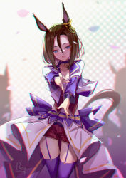 Rule 34 | 1girl, :d, air groove (umamusume), animal ears, blue eyes, brown hair, garter straps, head tilt, hong (white spider), horse ears, horse girl, horse tail, jacket, long sleeves, looking at viewer, medium hair, open mouth, purple jacket, purple thighhighs, red shorts, short shorts, shorts, signature, smile, solo, standing, starting future (umamusume), tail, thigh gap, thighhighs, umamusume, waistcoat