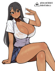 Rule 34 | 1girl, afterimage, alternate breast size, black eyes, black hair, blue skirt, blush, breasts, closed mouth, collared shirt, commentary, crossed legs, dark-skinned female, dark skin, donburi (donburikazoku), dress shirt, fanbox username, fang, fanning self, hair between eyes, hair ornament, hairclip, highres, hot, huge breasts, ijiranaide nagatoro-san, invisible chair, logo, long hair, looking at viewer, motion blur, motion lines, nagatoro hayase, nose blush, patreon username, pleated skirt, shirt, short sleeves, simple background, sitting, skin fang, skirt, solo, straight hair, sweat, thighs, very long hair, watermark, web address, wet, wet clothes, wet shirt, white shirt