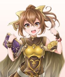 Rule 34 | armlet, armor, belt, boobplate, book, bracelet, bracer, breastplate, brown eyes, brown hair, cape, collared shirt, commentary request, delthea (fire emblem), fire emblem, fire emblem echoes: shadows of valentia, fire emblem gaiden, gold trim, hair between eyes, hair ribbon, hands up, holding, holding book, jewelry, looking at viewer, nintendo, open mouth, ponytail, ribbon, shirt, sidelocks, simple background, sleeveless, smile, solo, ten (tenchan man), upper body, white background, yellow armor