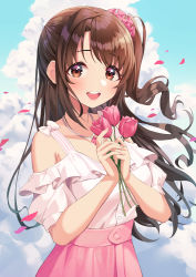 Rule 34 | 1girl, :d, absurdres, bare arms, bead necklace, beads, blush, bow, breasts, brown eyes, brown hair, buttons, cloud, day, fingernails, floating hair, flower, frills, hair ornament, hair scrunchie, highres, holding, holding flower, idolmaster, idolmaster cinderella girls, jewelry, lipstick, long hair, looking at viewer, makeup, medium breasts, munseonghwa, necklace, off shoulder, one side up, open mouth, petals, pink flower, pink skirt, puffy short sleeves, puffy sleeves, scrunchie, shimamura uzuki, shirt, short sleeves, skirt, sky, smile, solo, strap, upper body, white bow, white shirt, wind