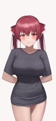 Rule 34 | 1girl, a.l (dpdldpf), absurdres, arms behind back, black shirt, blush, breasts, cowboy shot, crossed bangs, grin, hair between eyes, hair ribbon, heterochromia, highres, hololive, houshou marine, large breasts, long hair, no pants, red eyes, red hair, red ribbon, ribbon, shirt, simple background, smile, solo, t-shirt, taut clothes, taut shirt, thighs, twintails, virtual youtuber, white background, yellow eyes