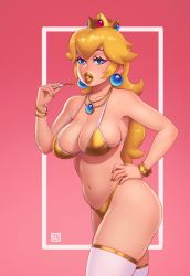Rule 34 | 1girl, absurdres, bad id, bad twitter id, bikini, blonde hair, blue eyes, bracelet, crown, earrings, eyebrows, eyebrows hidden by hair, gold bikini, gold lips, gold nails, hair between eyes, hand on own hip, highres, jewelry, lips, lipstick, makeup, mario (series), nail polish, navel, necklace, nintendo, pink background, princess peach, riz, solo, super crown, swimsuit, thighhighs, thighs